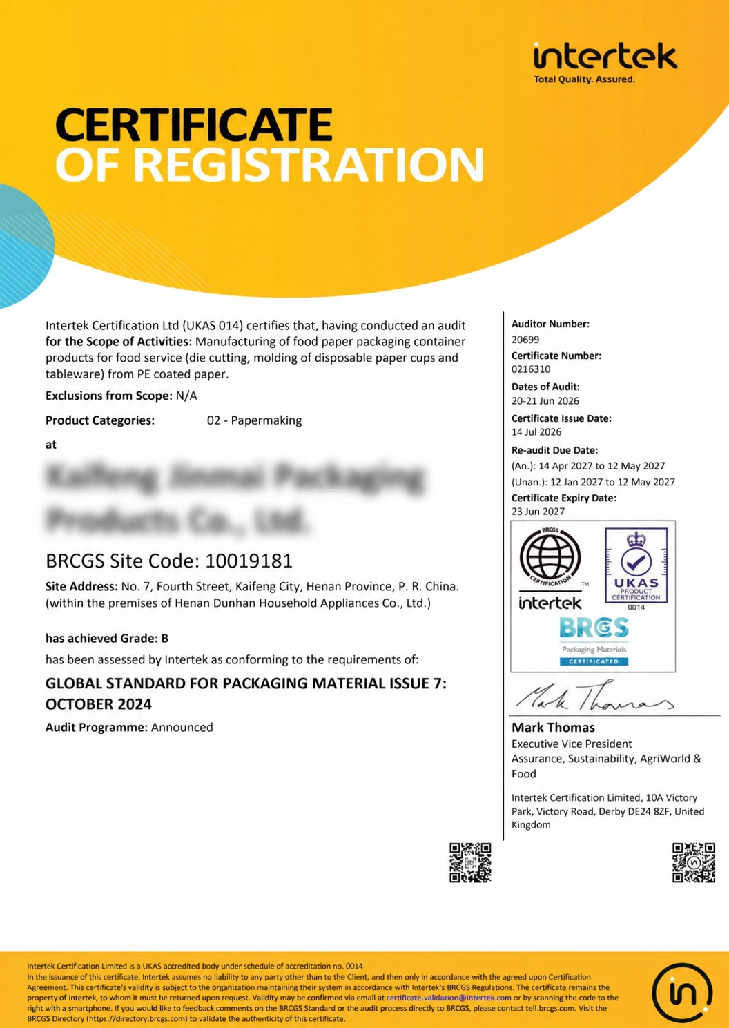 BRCGS Packaging Materials certificate issued to Kaifeng Jinmai