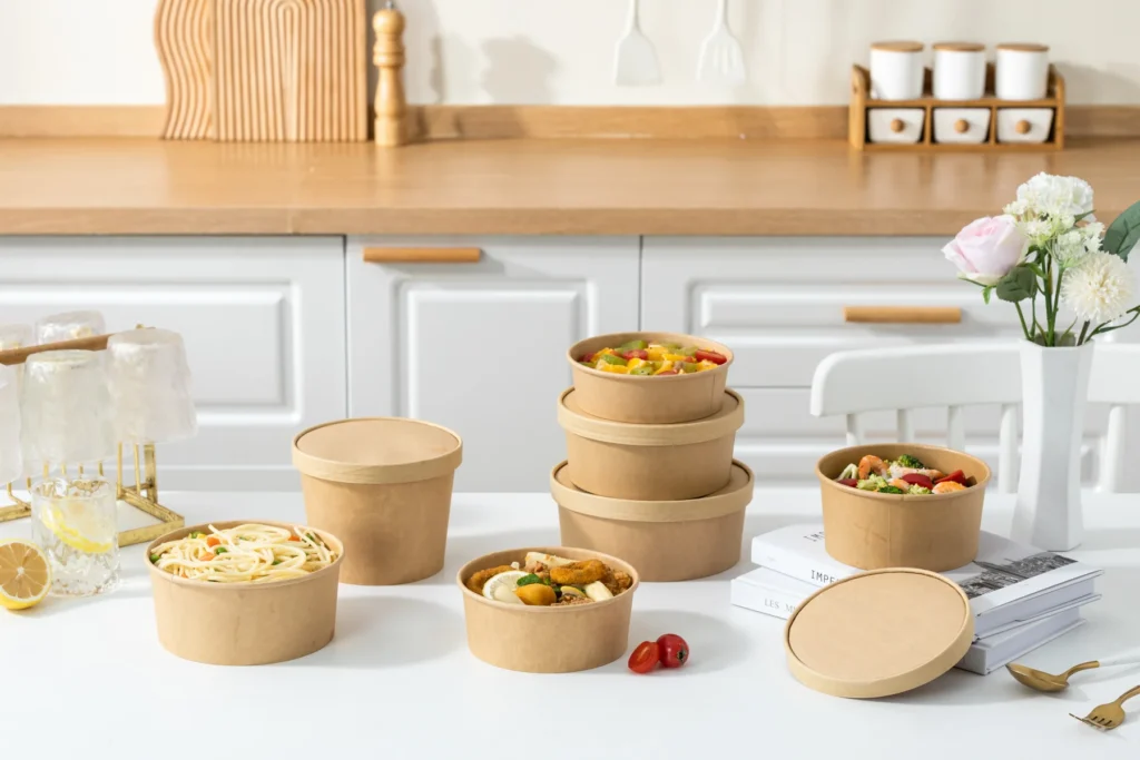 Collection of kraft paper salad bowls, lids and food