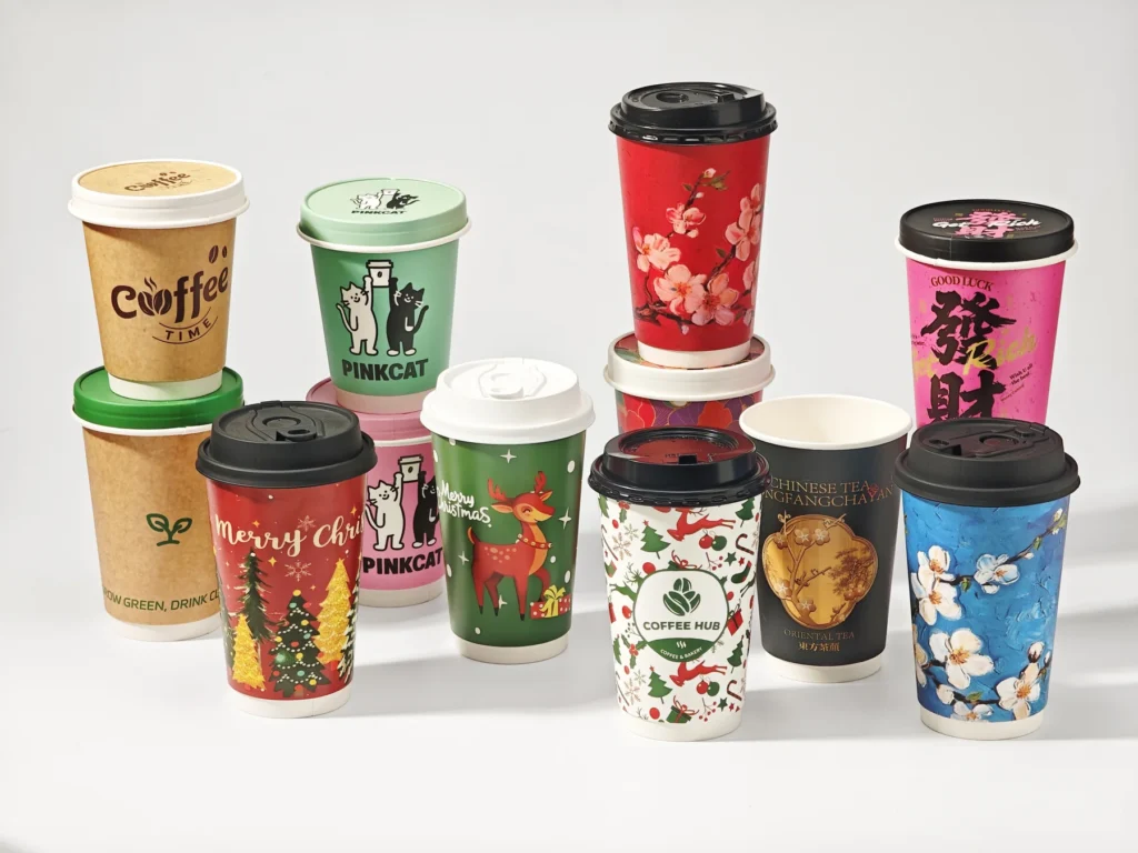 Photographed assortment of printed paper cups and lids